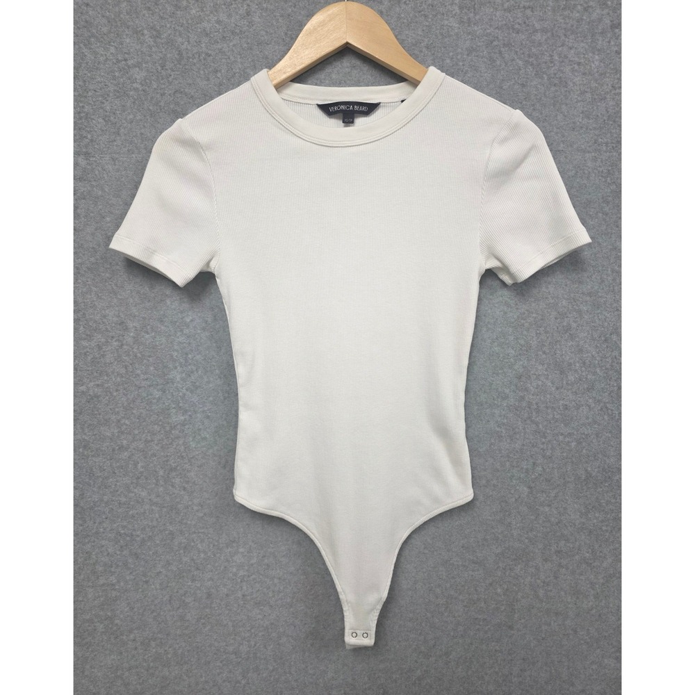 Veronica Beard Pruit Ribbed Pima Cotton-Blend Bodysuit Women XS White Minimalist